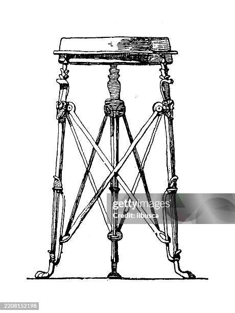 decorated metal objects, utensils, tools: tripod - metal stool stock illustrations