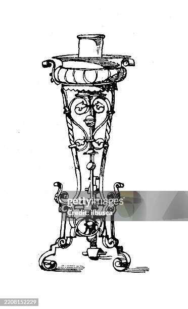decorated metal objects, utensils, tools: tripod - metal stool stock illustrations