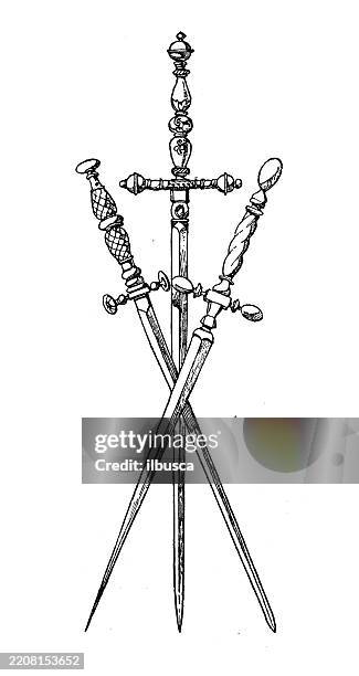 decorated metal objects, utensils, tools: sword, dagger and scabbard - dagger stock illustrations
