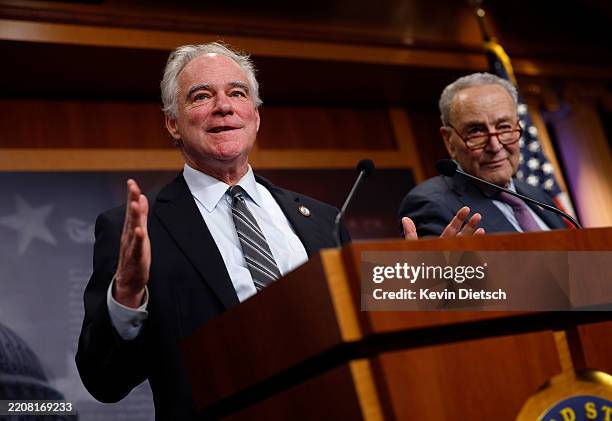 Sen. Tim Kaine speaks alongside Senate Minority Leader Charles Schumer at a press conference at the U.S. Capitol on April 02, 2025 in Washington, DC....