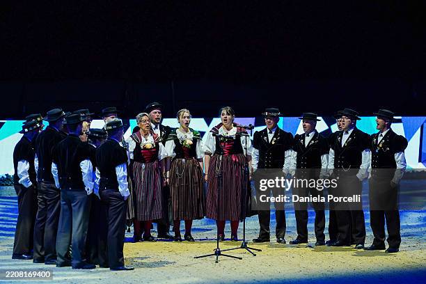 Yodeling group perform during the opening ceremony during the FEI World Cup Finals 2025 Basel Day 1 at St. Jakobshalle on April 02, 2025 in Basel,...