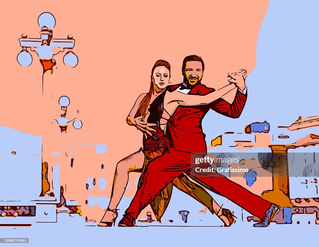 Portrait of Argentine tango dancer couple in the streets of Buenos Aires in illustration style