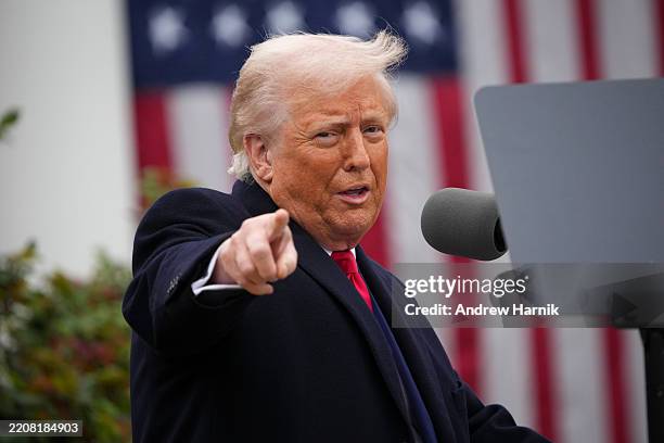 President Donald Trump gestures while speaking during a “Make America Wealthy Again” trade announcement event in the Rose Garden at the White House...