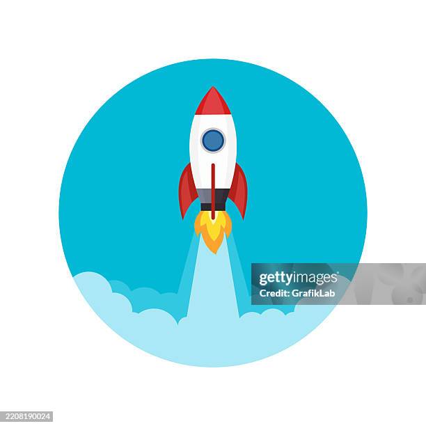 illustrations, cliparts, dessins animés et icônes de illustration, dessin animé, fusée, lancement vers le haut, poussée ardente, traînée fumée, fond bleu circulaire - soirée de lancement