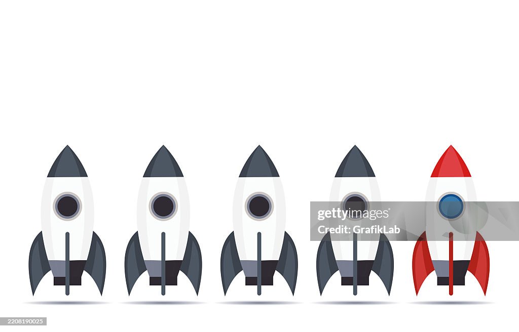 Meteorology Rockets Graphics Illustrated Concept Showcasing Standout Red Rocket Among Four Grey ...