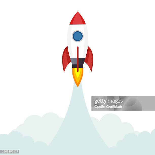 illustrations, cliparts, dessins animés et icônes de illustration rouge, blanc, lancement de fusée, émettant de la fumée, traînées de feu, fond blanc - soirée de lancement