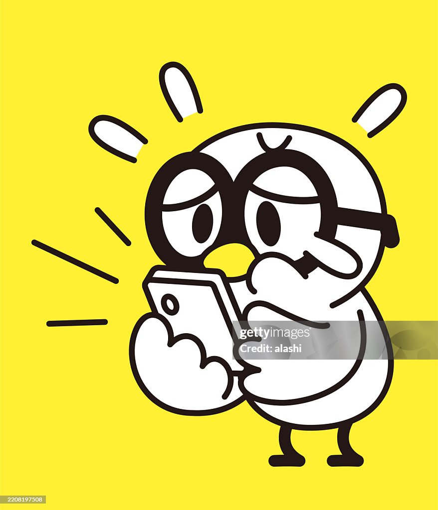 A cute bird, wearing large glasses, looking at a smartphone and crying, phubbing. Three-quarter front view, black outline with flat colors, minimalist style