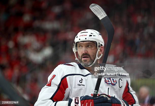 Alex Ovechkin of the Washington Capitals skates during the first period the game against the Carolina Hurricanes at Lenovo Center on April 02, 2025...