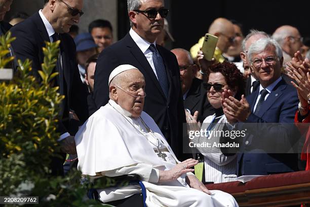 Pope Francis appears to the faithful at the end of a Mass celebrated by Monsignor Rino Fisichella on the occasion of the Jubilee of Sick in St....