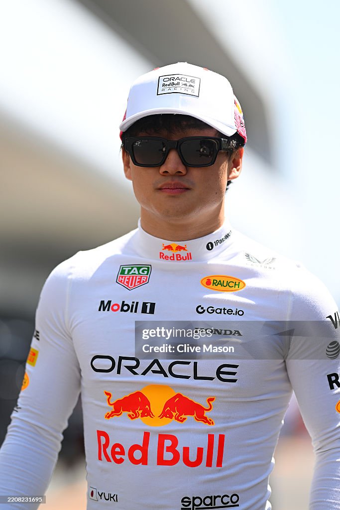Oracle Red Bull Racing Japan Yuki Tsunoda of Japan and Oracle Red Bull Racing looks on during ...