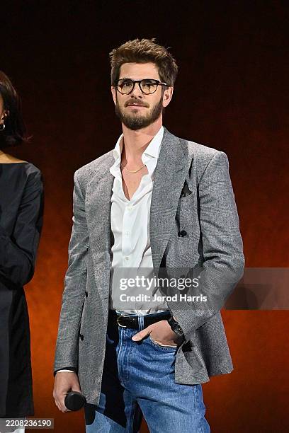 Andrew Garfield speaks onstage during CinemaCon 2025 – Amazon MGM Studios Invites you to an Exclusive Presentation of its Upcoming Slate at The...
