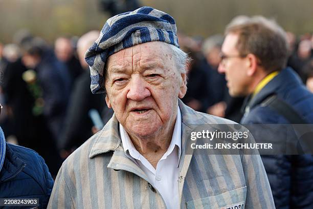 Holocaust survivor Alojzy Maciak from Poland attends the commemoration ceremony to mark the 80th anniversary of the liberation of the Buchenwald Nazi...