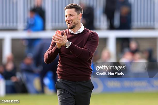 Hartlepool United manager Anthony Limbrick applauds their fans after the Vanarama National League match between Hartlepool United and Ebbsfleet...