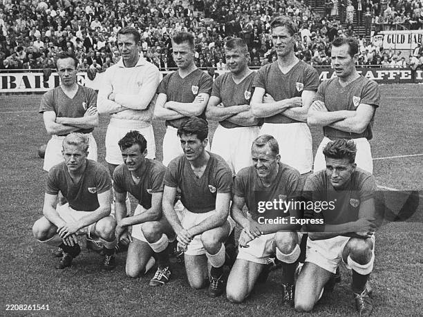 The Danish national football team posing for a photo at an unspecified stadium in Denmark, circa July 6th 1960. Back row : midfielder Jørgen Hansen ,...