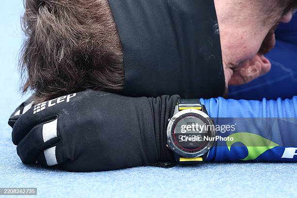 Garmin watch is seen wearing by a runner during Cracovia Maraton in Krakow, Poland on April 6, 2025.