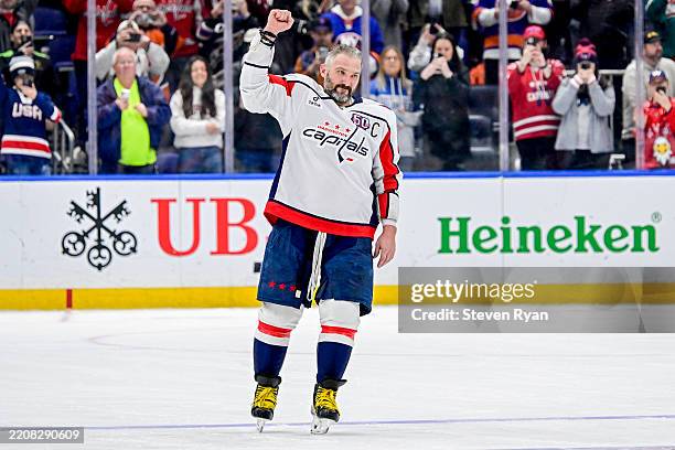 Alex Ovechkin of the Washington Capitals celebrates after scoring his 895th career goal against the New York Islanders during the second period at...