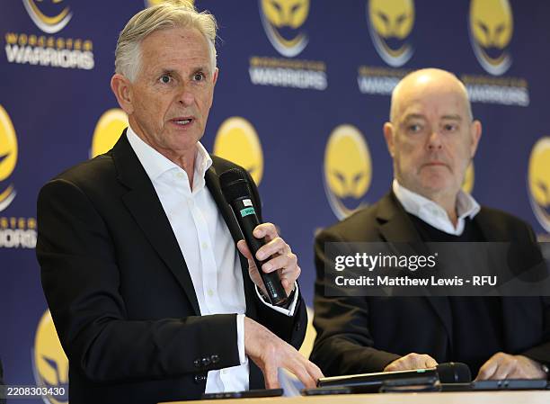 Christopher Holland, Executive Chairman of Worcester Warriors and Simon Gillham, Tier 2 Board Chairman pictured during a media event held to mark...