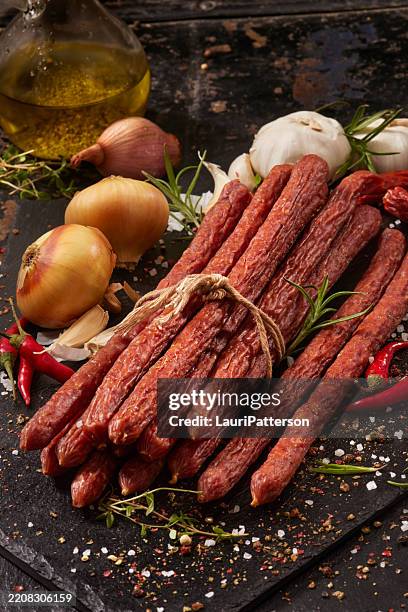 garlic pepperoni sticks - spiral ham stock pictures, royalty-free photos & images