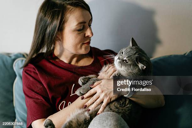 portrait of a happy woman with domestic cat - serotonin stock pictures, royalty-free photos & images