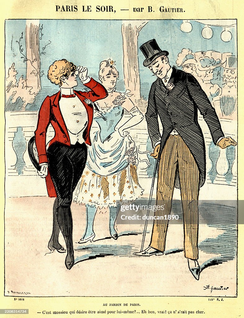 Karikatur, Mann, der einer als Mann verkleideten Frau seinen neuen Anzug zeigt, Zirkusdirektor, Französische Vintage-Karikatur, 19. Jahrhundert 1890er Jahre
