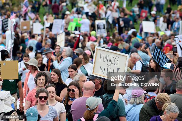 Protesters gather on the National Mall for the "Hands-Off" protest against the administration of U.S. President Donald Trump Trump, Saturday, April...