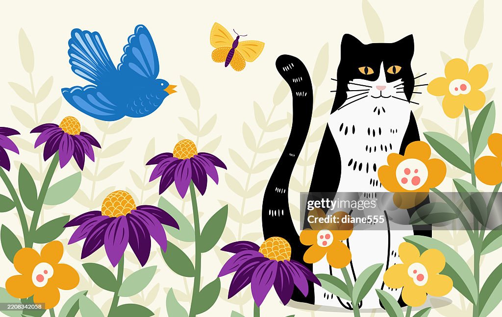 Black And White Cat In The Flower Garden In Spring Web Banner