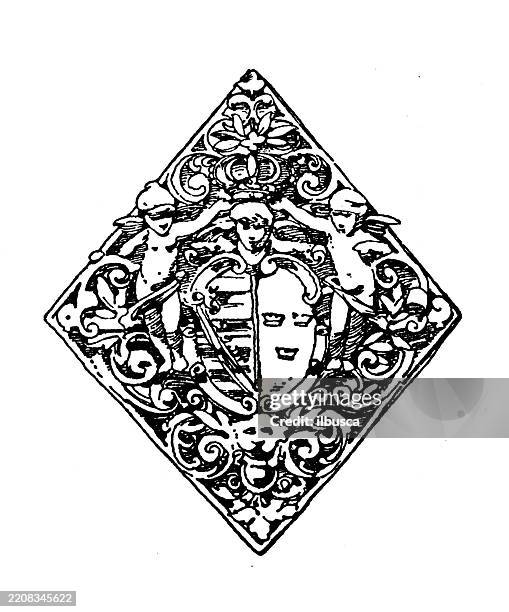 decorated objects, strap work tablet - stone table stock illustrations