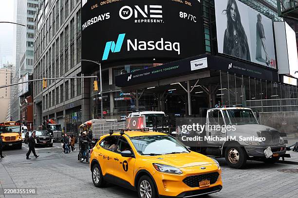 The Nasdaq Marketsite is seen on April 03, 2025 in New York City. U.S. President Donald Trump declared a U.S. Economic emergency and announced...