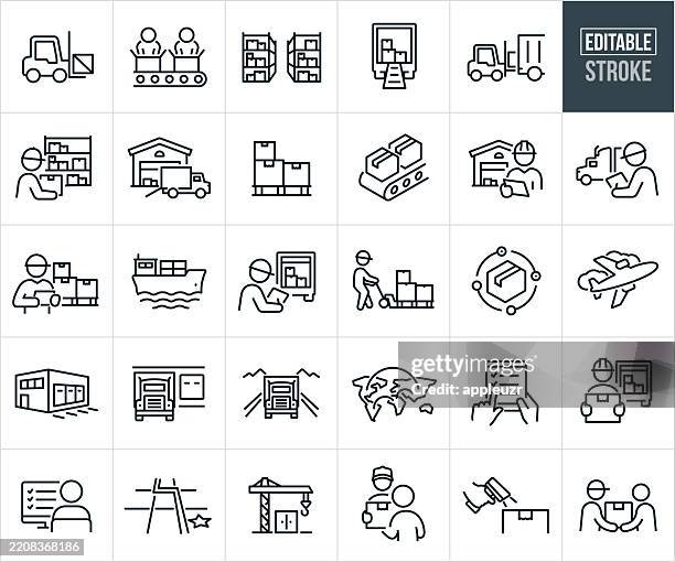versand dünner liniensymbole - bearbeitbarer strich - zu den symbolen gehören ein distributionslager, lieferung, versand, logistik, kartons, waren, lkw, frachttransport, transport, sattelschlepper, lieferwagen, fracht, laderampe, globaler versand, versan - gabelstapler stock-grafiken, -clipart, -cartoons und -symbole