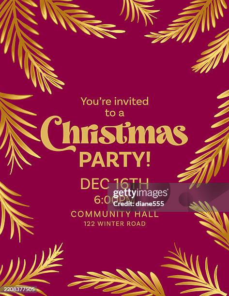 christmas party invitation with golden evergreen branches - maroon stock illustrations