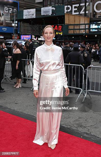 Uma Thurman attends "Good Night, And Good Luck" Broadway Opening Night at Winter Garden Theatre on April 03, 2025 in New York City.