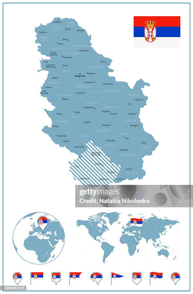 Serbia - - Detailed Map with Regions and Cities. Set of Flags, Globe, Country Outline, Country Location on World Map.