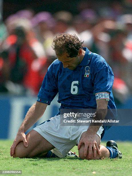 July 17: Franco Baresi of Italy looks dejected after Missing Penalty during the 1994 FIFA World Cup Final match between Brazil and Italy at Rose Bowl...