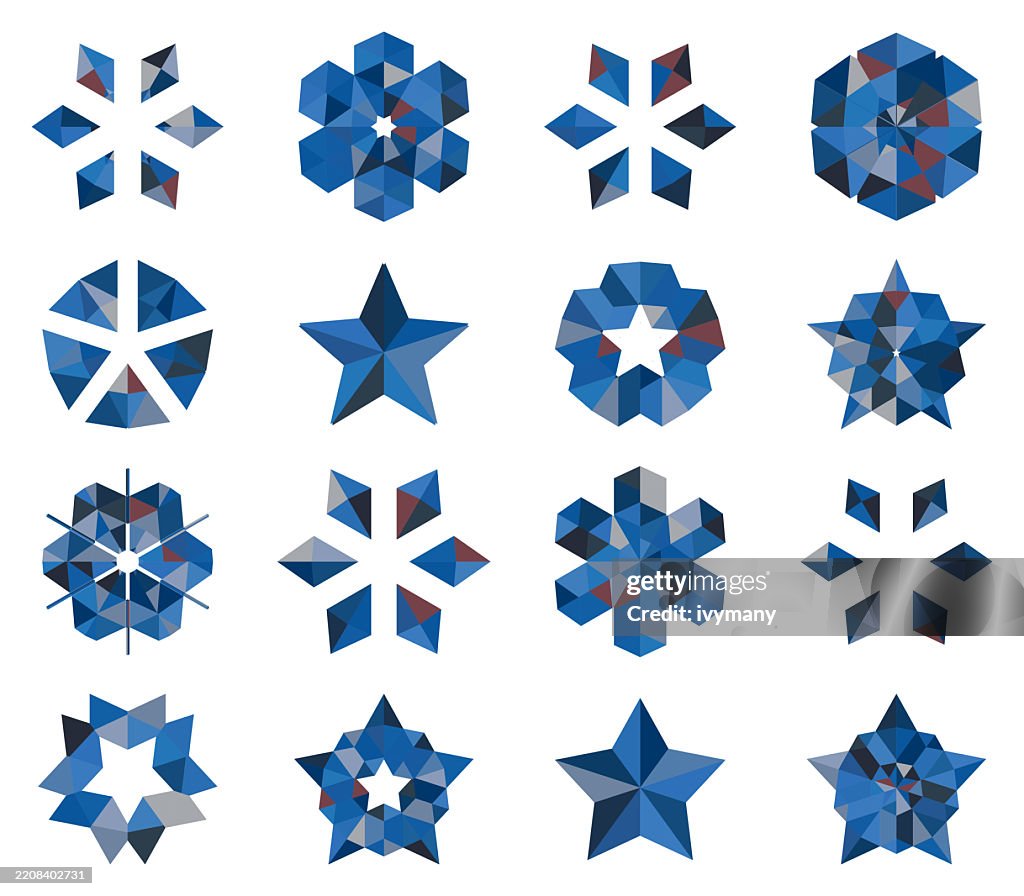 Abstract blue mosaic textures concentric floral pattern mandala icon set