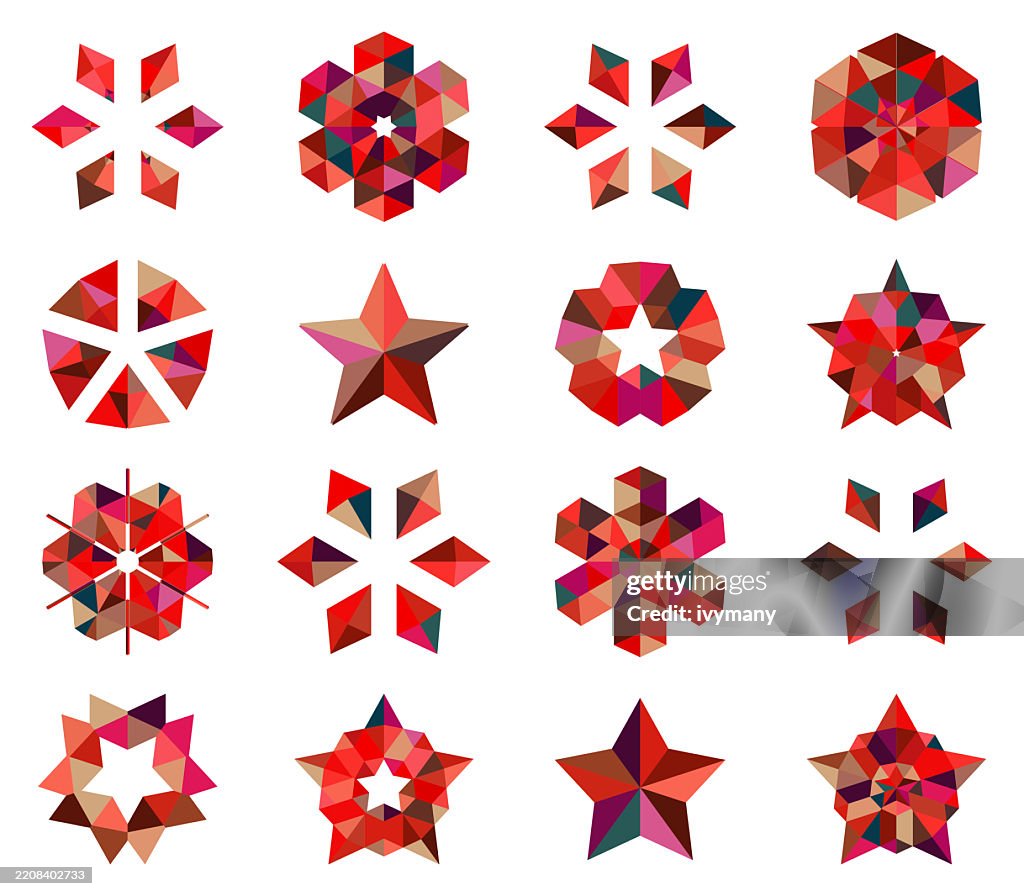 Abstract red mosaic textures concentric floral pattern mandala icon set
