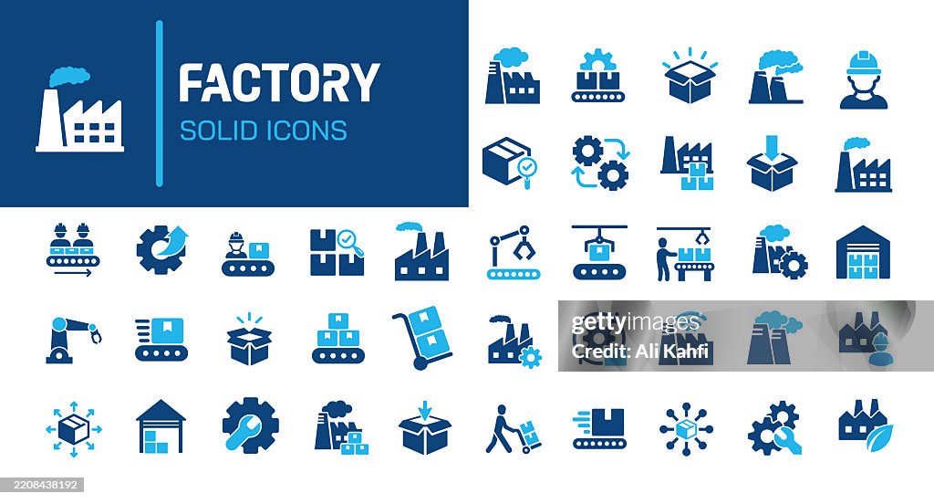 Factory glyph solid icons. Containing industry, mass production, product, goods solid icons collection. Vector illustration. Perfect pixel on clean white background