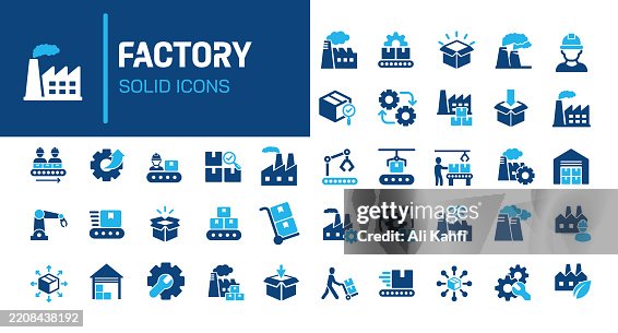 Factory glyph solid icons. Containing industry, mass production, product, goods solid icons collection. Vector illustration. Perfect pixel on clean white background Factory glyph solid icons. Containing industry, mass production, product, goods solid icons collection. Vector illustration. Perfect pixel on clean white background