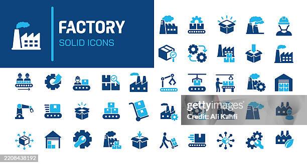 factory glyph solid icons. containing industry, mass production, product, goods solid icons collection. vector illustration. perfect pixel on clean white background - factory stock illustrations