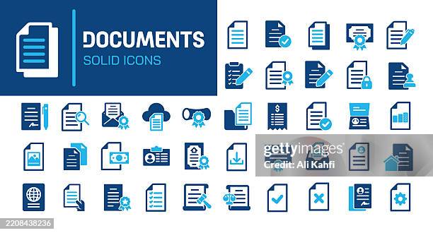 document glyph solid icons. containing certificate, passport, legal document, contract solid icons collection. vector illustration. perfect pixel on clean white background - application form icon stock illustrations