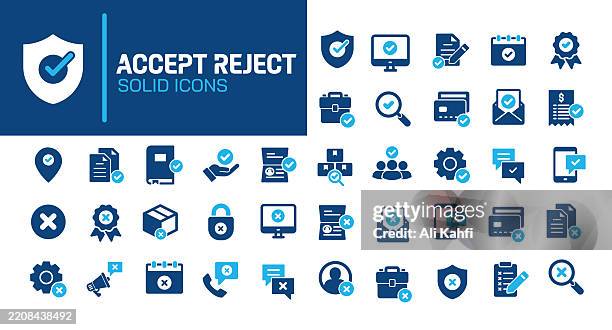 accept and reject glyph solid icons. containing approve, cancel, crossmark, checkmark solid icons collection. vector illustration. perfect pixel on clean white background - certificate-icon stock illustrations