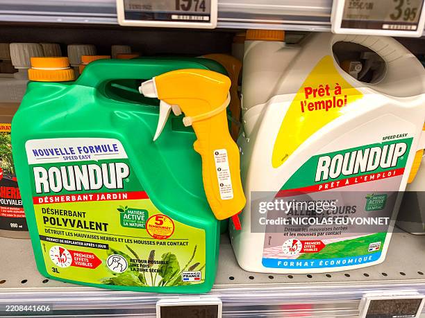 Cans of new glyphosate-free garden weedkiller product from the Roundup brand in a Leclerc supermarket in Valence, France, April 5, 2025.