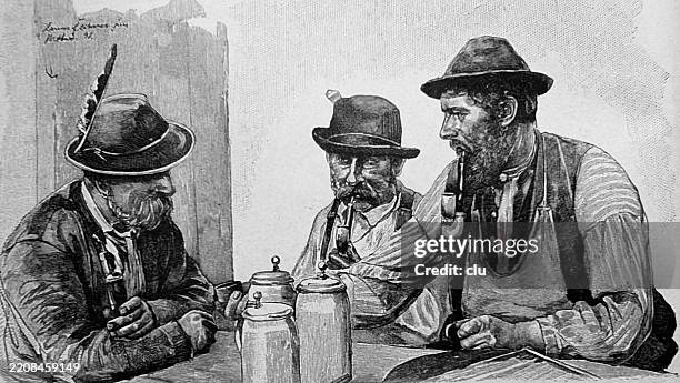 mittenwald restaurant, three men talking, drinking beer and smoking pipe - mittenwald stock illustrations