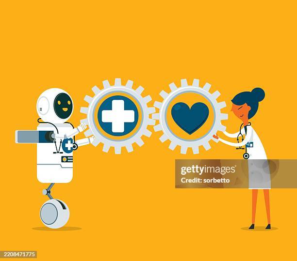 coordination - female doctor and ai robot - robot human stock illustrations