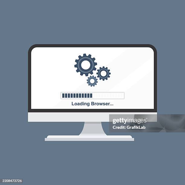 computer screen displaying browser loading process gear icon - computer loading icon stock illustrations