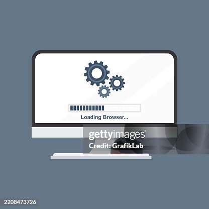 Computer screen displaying browser loading process gear icon Computer screen displaying browser loading process gear icon