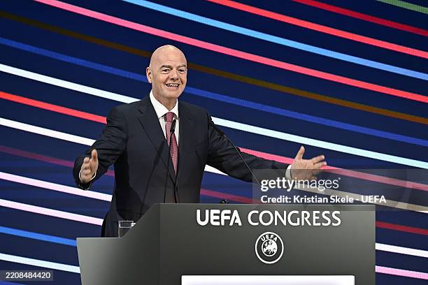 President Gianni Infantino speaks during the 49th Ordinary UEFA Congress at Sava Centar on April 03, 2025 in Belgrade, Serbia.