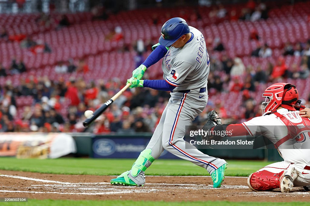 Hamsey Rangers Reds Joc Pederson of the Texas Rangers grounds out in the second inning ...