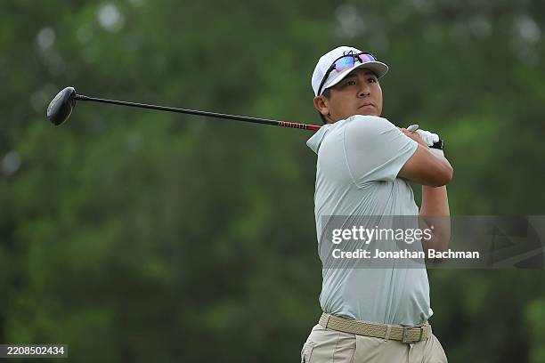 Kurt Kitayama of the United States plays his shot from the fourth tee during the second round of the Valero Texas Open 2025 at TPC San Antonio on...