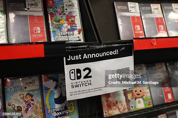 An announcement for the Nintendo Switch 2 is displayed at a Gamestop store in Union Square on April 04, 2025 in New York, New York. Nintendo...