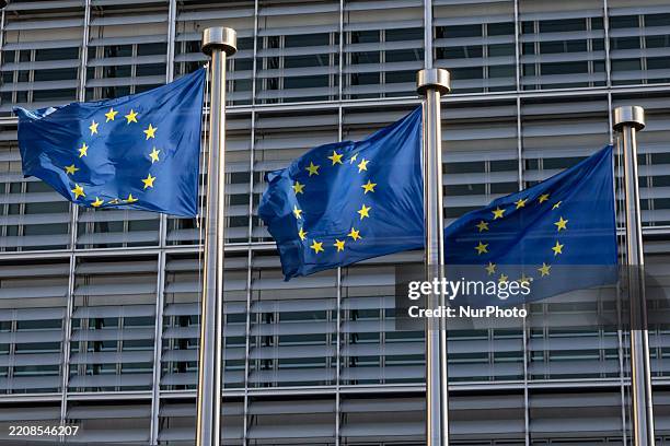 Flags of Europe as seen waving from the flagpoles. The European Flag is the symbol of Council of Europe COE and the European Union EU as seen in the...
